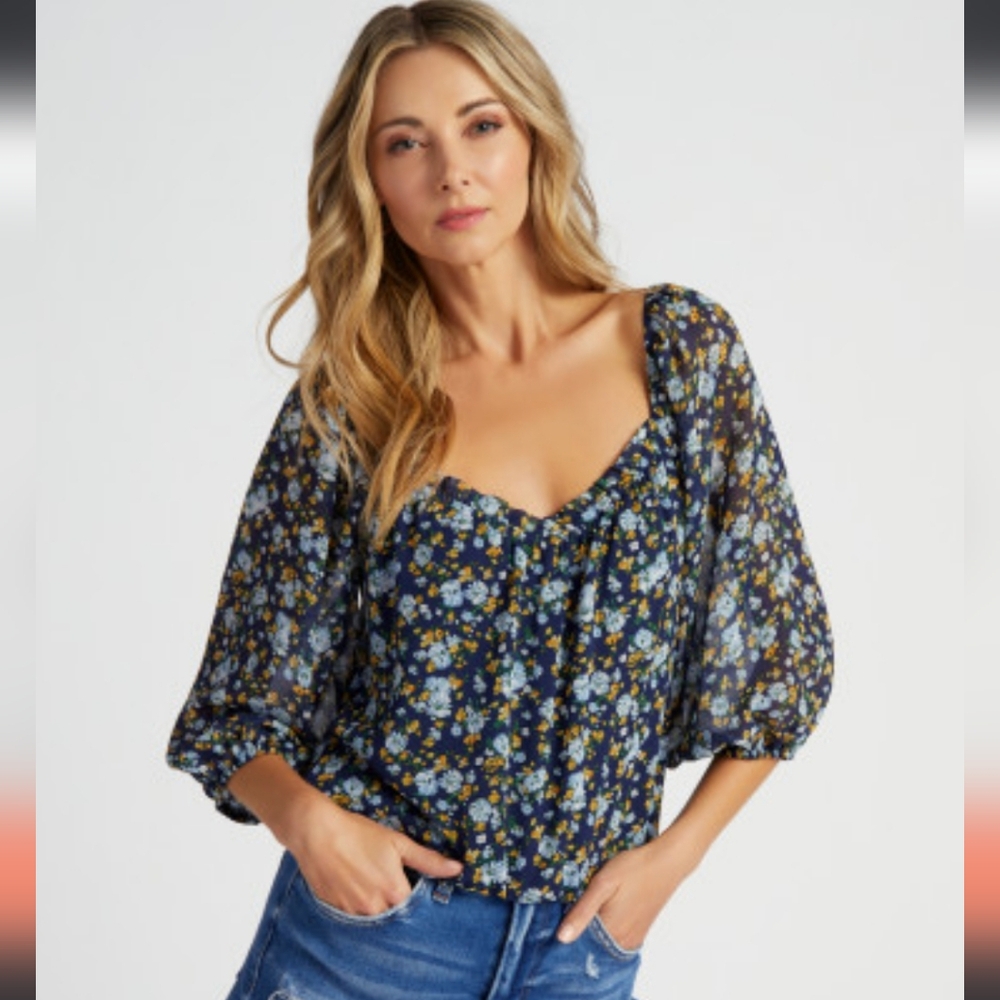 ☆$20 SALE! NWOT Lush Floral Blouse - Navy and Mustard